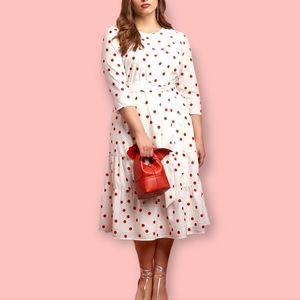 Eloquii Polka Dot Puff Sleeve Dress Tiered Ruffle Hem White Red Crepe Fabric 20
